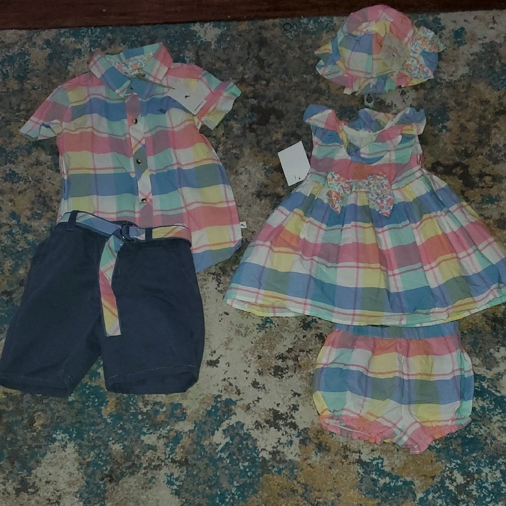 Colorful Plaid Baby Dress Setnew Tommy Bahamas Plaid 3 Pc Dress Bloomers & Hat - Picture 16 of 16